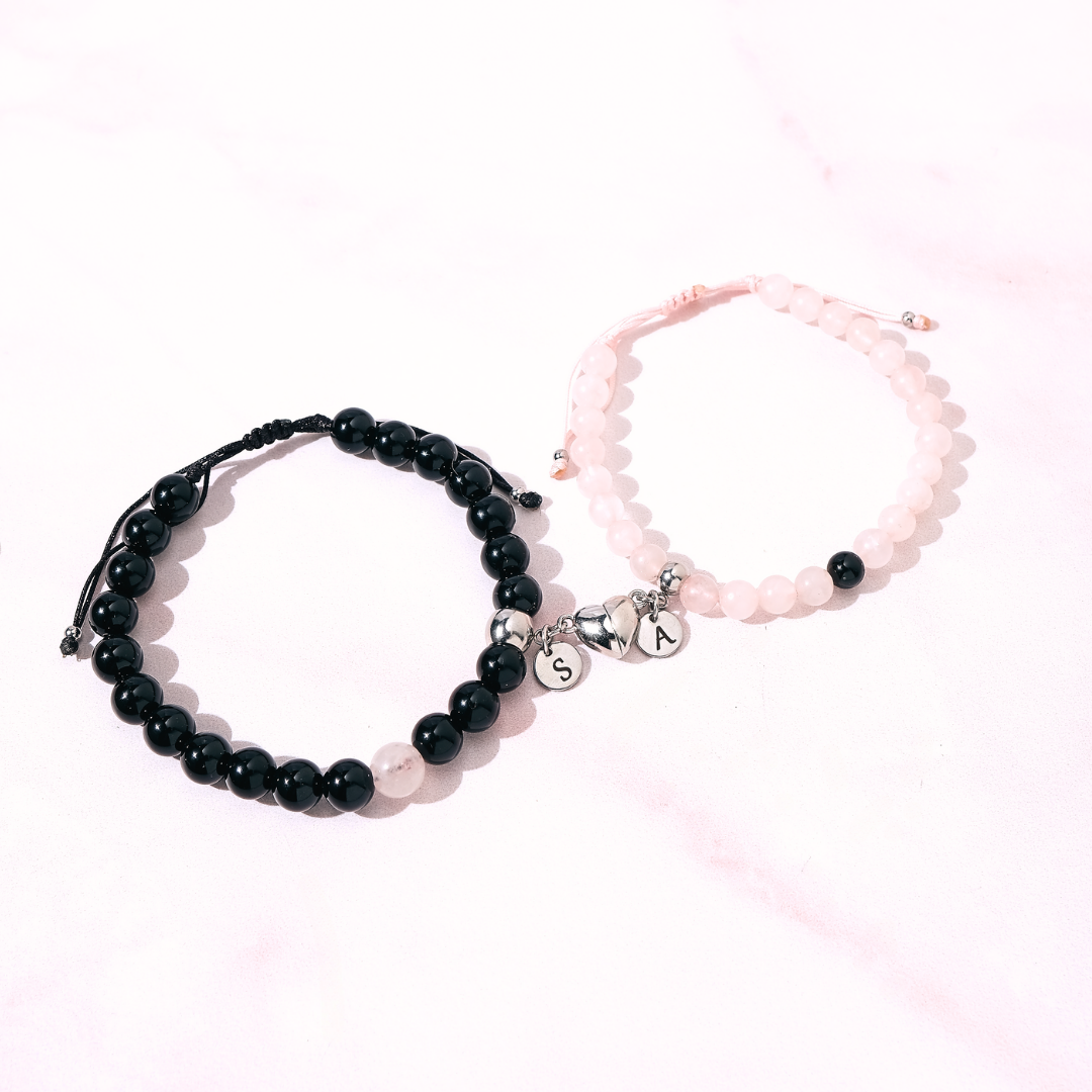 Pack - Pulseras Distancia -Cuarzo Rosa & Onix Negro Brillante- Personalizadas