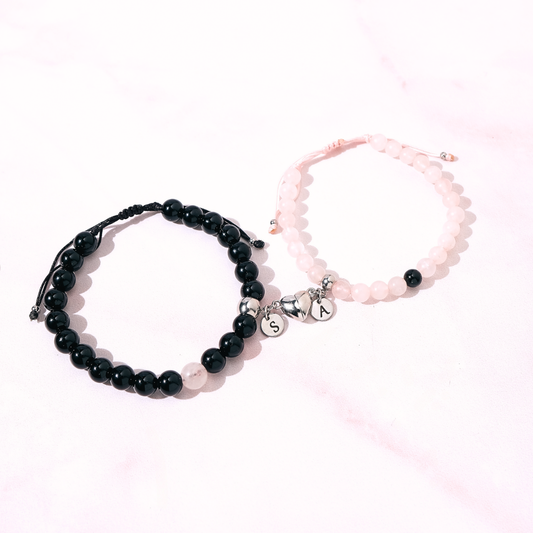 Pack - Pulseras Distancia -Cuarzo Rosa & Onix Negro Brillante- Personalizadas
