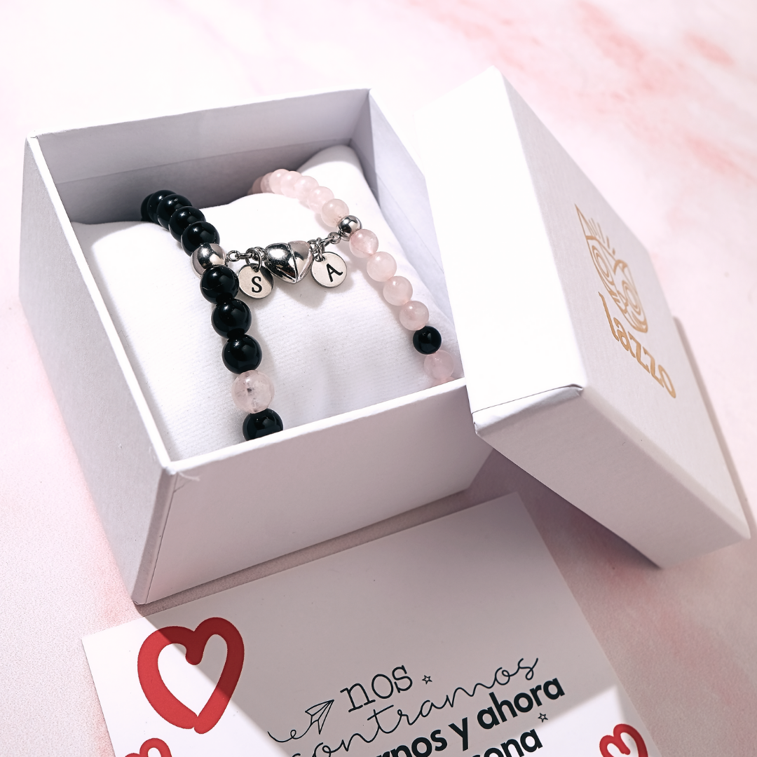 Pack - Pulseras Distancia -Cuarzo Rosa & Onix Negro Brillante- Personalizadas