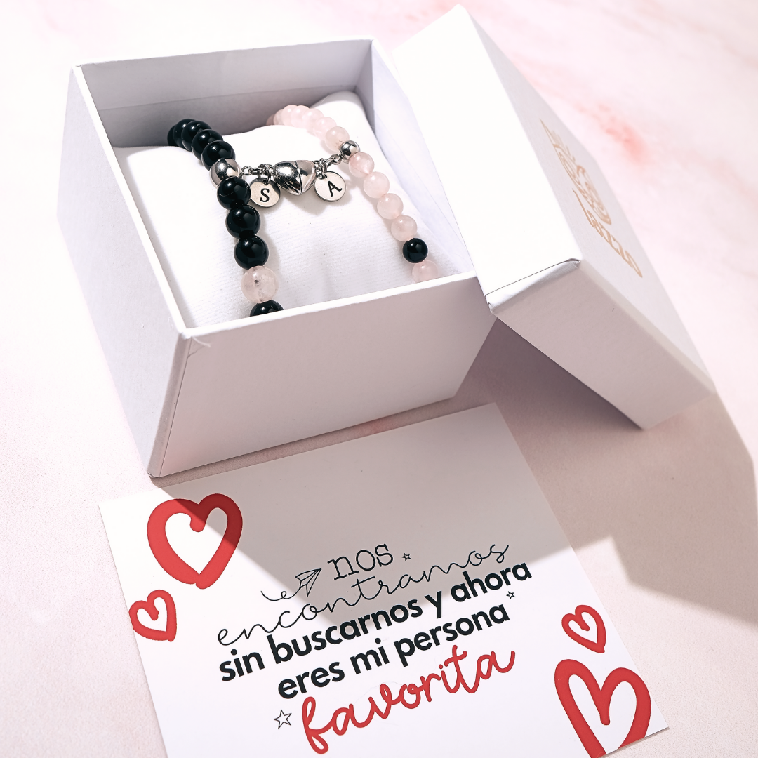 Pack - Pulseras Distancia -Cuarzo Rosa & Onix Negro Brillante- Personalizadas