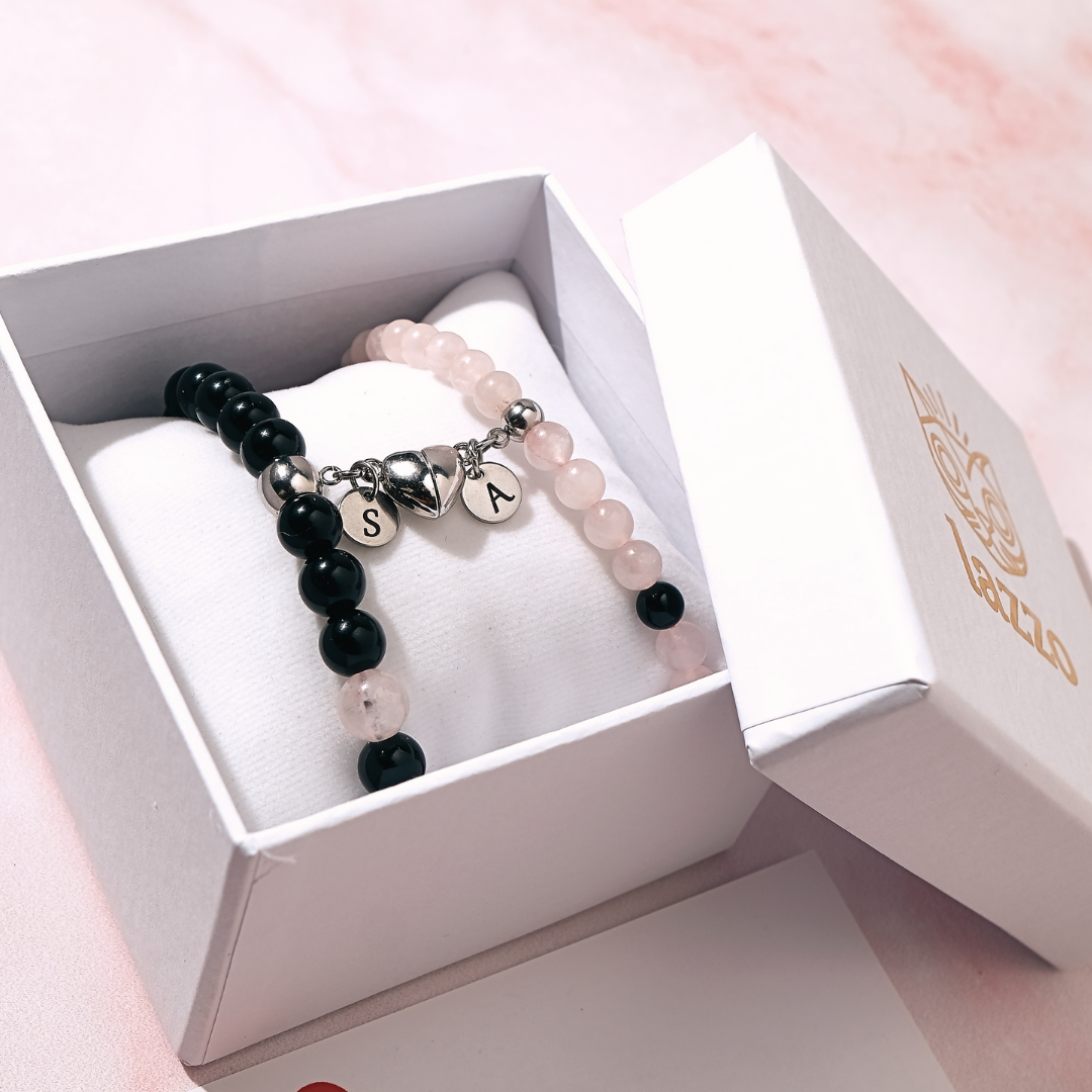 Pack - Pulseras Distancia -Cuarzo Rosa & Onix Negro Brillante- Personalizadas
